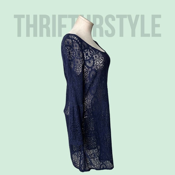 Navy Blue Crochet Lace Bell Sleeve Mini‎ Dress Swim Cover Up Small/Petite - Picture 3 of 8